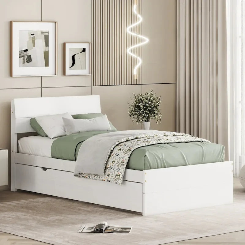 Twin Size White Wood Platform Bed with Twin Trundle