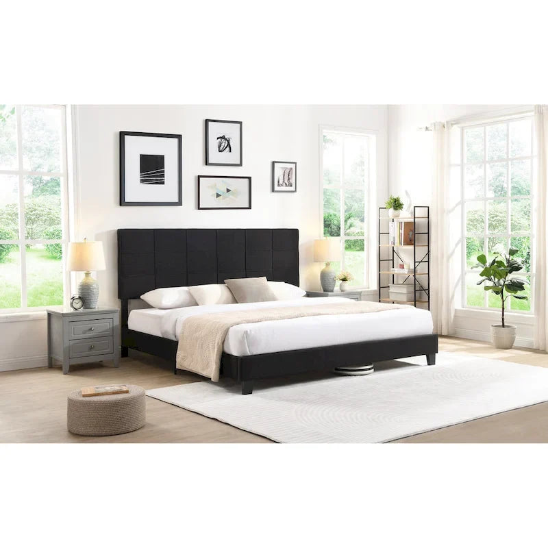Black King Size Linen Upholstered Platform Bed
