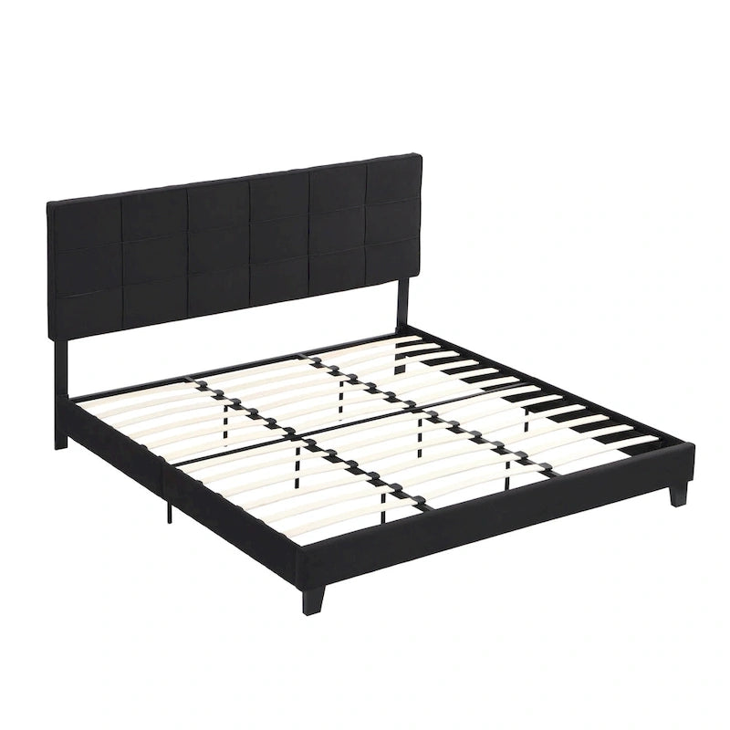 Black King Size Linen Upholstered Platform Bed