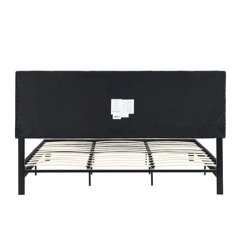 Black King Size Linen Upholstered Platform Bed