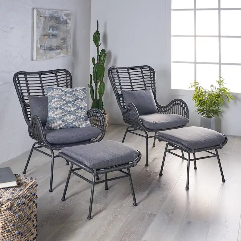 Chalet Outdoor Modern Boho Wicker Chat Set with Ottomans by Christopher Knight Home