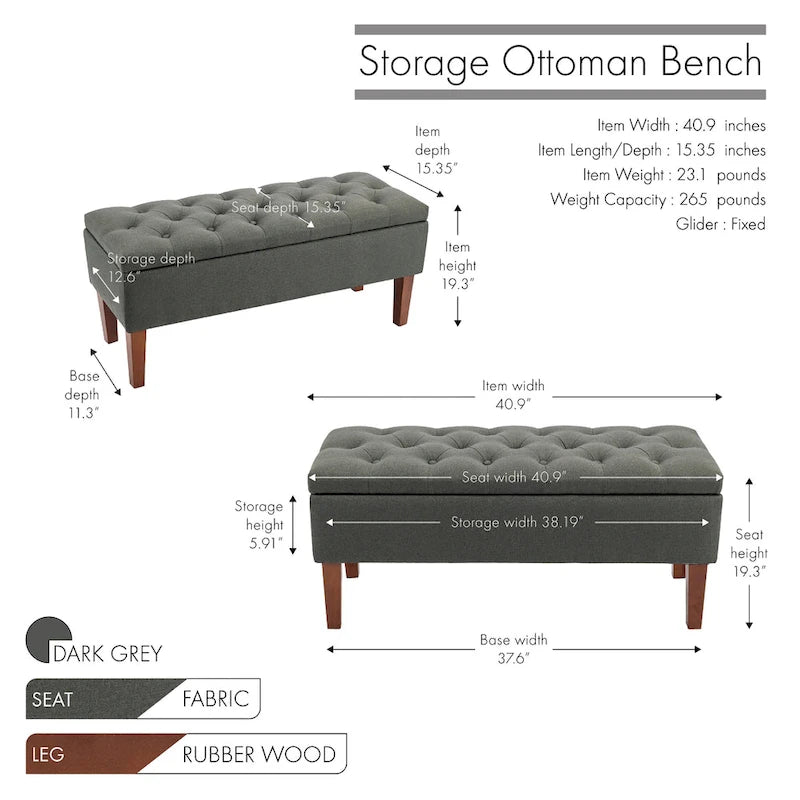 Porthos Home Ugo Fabric Storage Ottoman Bench with Rubberwood Legs