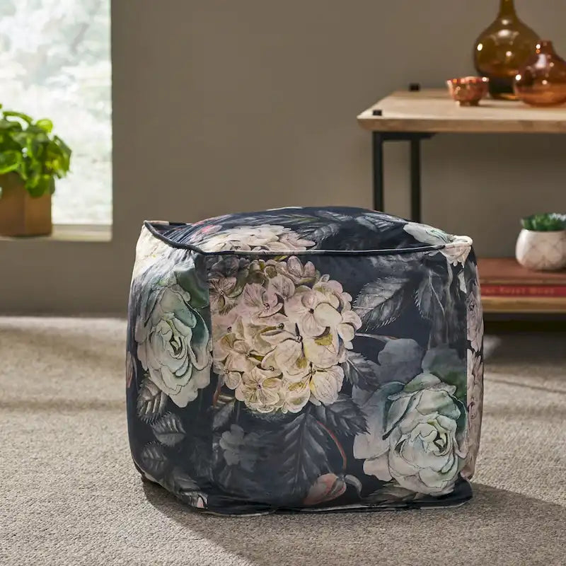 Reigle Traditional Medium Fabric Flower Print Cube Pouf by Christopher Knight Home