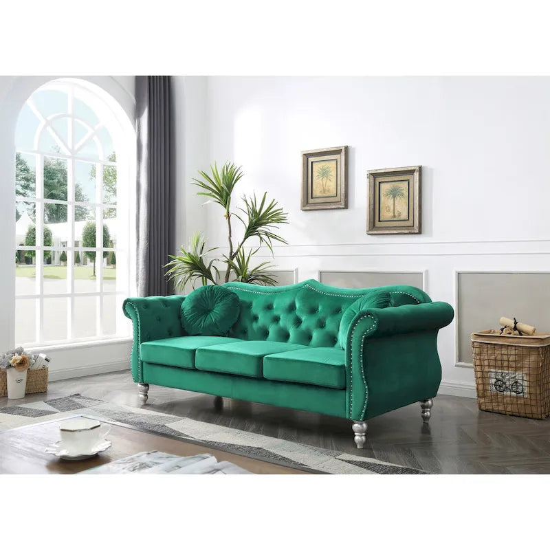 Hollywood 82 in. Velvet Chesterfield 3-Seater Sofa with 2-Throw Pillow - 82L x 35W x 34H