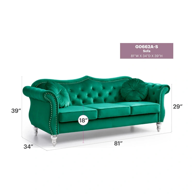 Hollywood 82 in. Velvet Chesterfield 3-Seater Sofa with 2-Throw Pillow - 82L x 35W x 34H