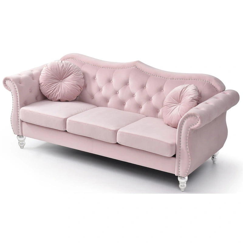 Hollywood 82 in. Velvet Chesterfield 3-Seater Sofa with 2-Throw Pillow - 82L x 35W x 34H