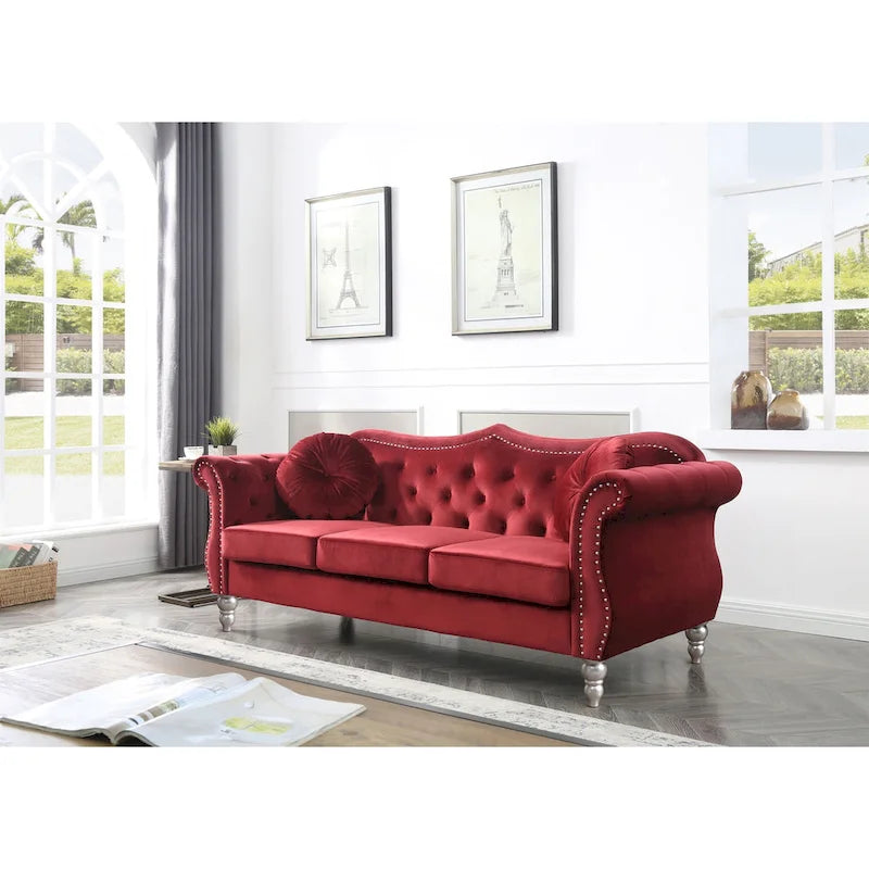 Hollywood 82 in. Velvet Chesterfield 3-Seater Sofa with 2-Throw Pillow - 82L x 35W x 34H