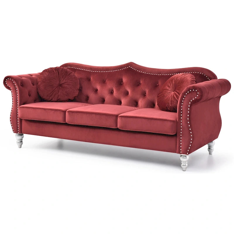 Hollywood 82 in. Velvet Chesterfield 3-Seater Sofa with 2-Throw Pillow - 82L x 35W x 34H