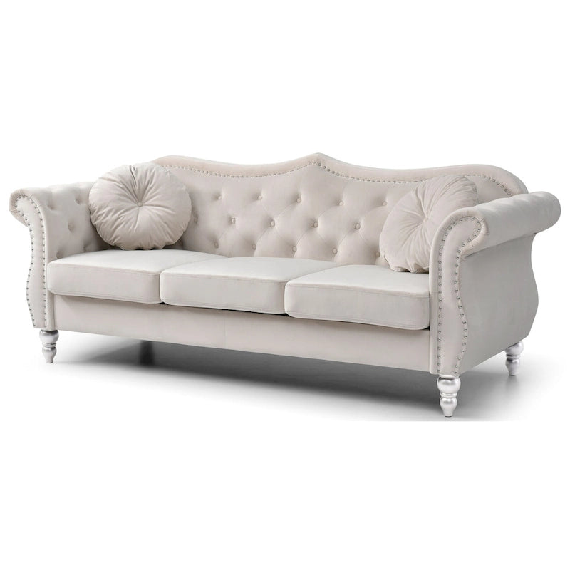 Hollywood 82 in. Velvet Chesterfield 3-Seater Sofa with 2-Throw Pillow - 82L x 35W x 34H