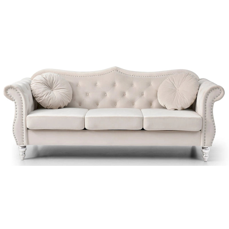 Hollywood 82 in. Velvet Chesterfield 3-Seater Sofa with 2-Throw Pillow - 82L x 35W x 34H