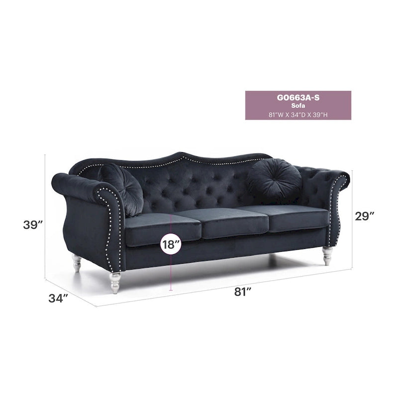 Hollywood 82 in. Velvet Chesterfield 3-Seater Sofa with 2-Throw Pillow - 82L x 35W x 34H