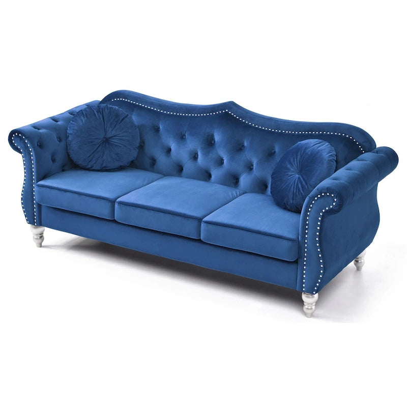 Hollywood 82 in. Velvet Chesterfield 3-Seater Sofa with 2-Throw Pillow - 82L x 35W x 34H