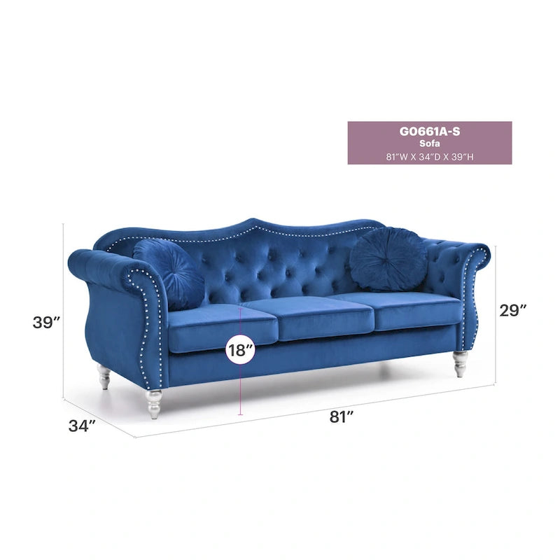 Hollywood 82 in. Velvet Chesterfield 3-Seater Sofa with 2-Throw Pillow - 82L x 35W x 34H