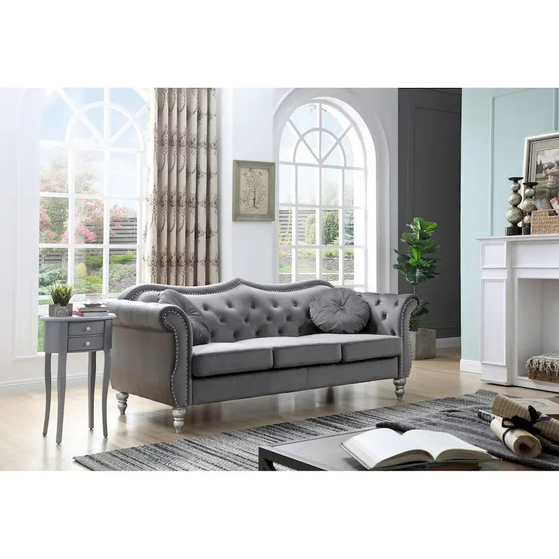 Hollywood 82 in. Velvet Chesterfield 3-Seater Sofa with 2-Throw Pillow - 82L x 35W x 34H