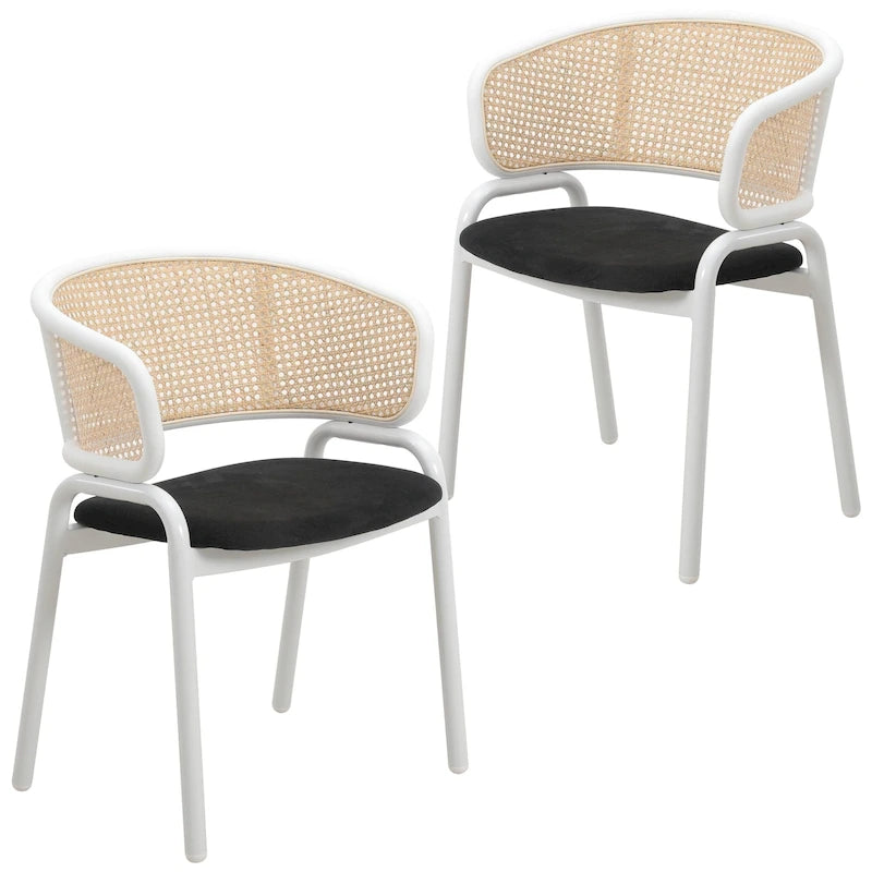 Ervilla Modern Stylish Side Chair with Rattan Back and White Steel Legs for Dining Room & Kitchen, Set of 2