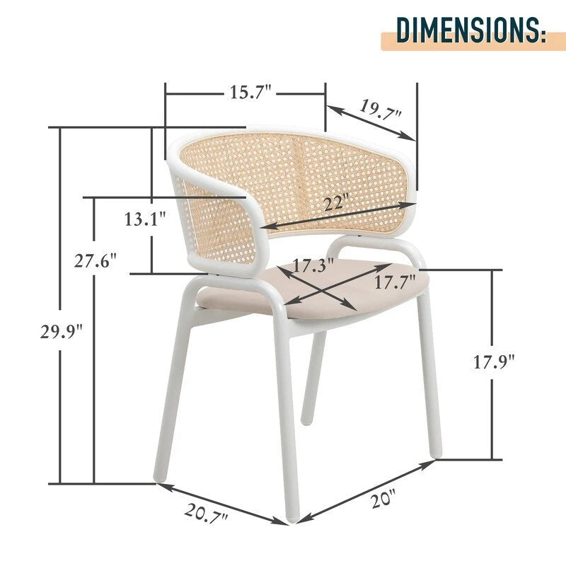 Ervilla Modern Stylish Side Chair with Rattan Back and White Steel Legs for Dining Room & Kitchen, Set of 2