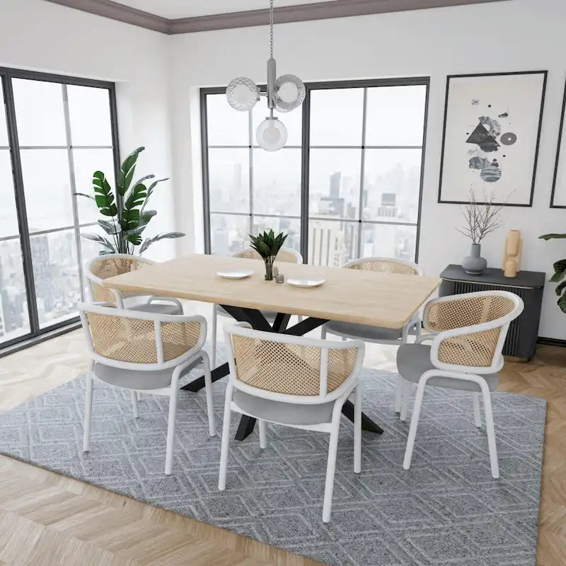 Ervilla Modern Stylish Side Chair with Rattan Back and White Steel Legs for Dining Room & Kitchen, Set of 2