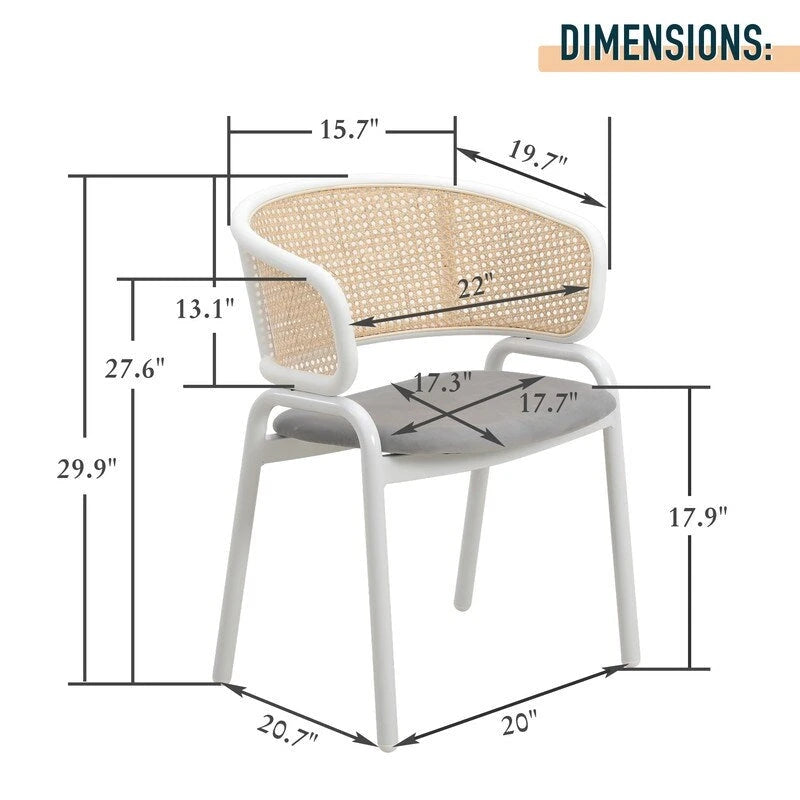 Ervilla Modern Stylish Side Chair with Rattan Back and White Steel Legs for Dining Room & Kitchen, Set of 2