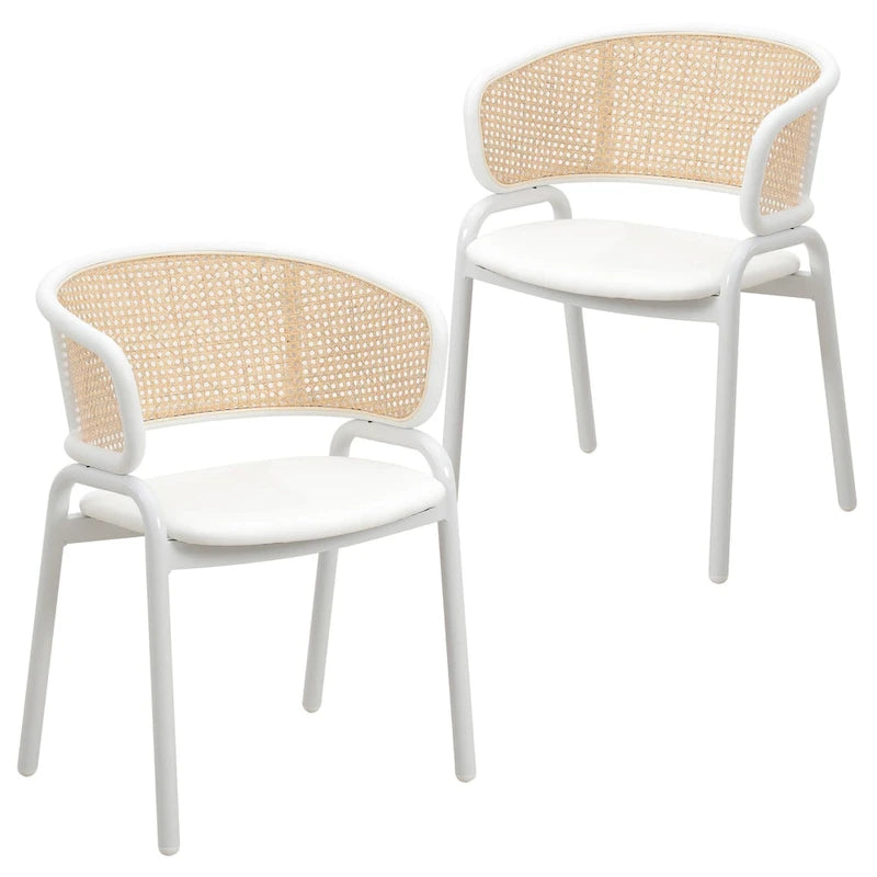 Ervilla Modern Stylish Side Chair with Rattan Back and White Steel Legs for Dining Room & Kitchen, Set of 2