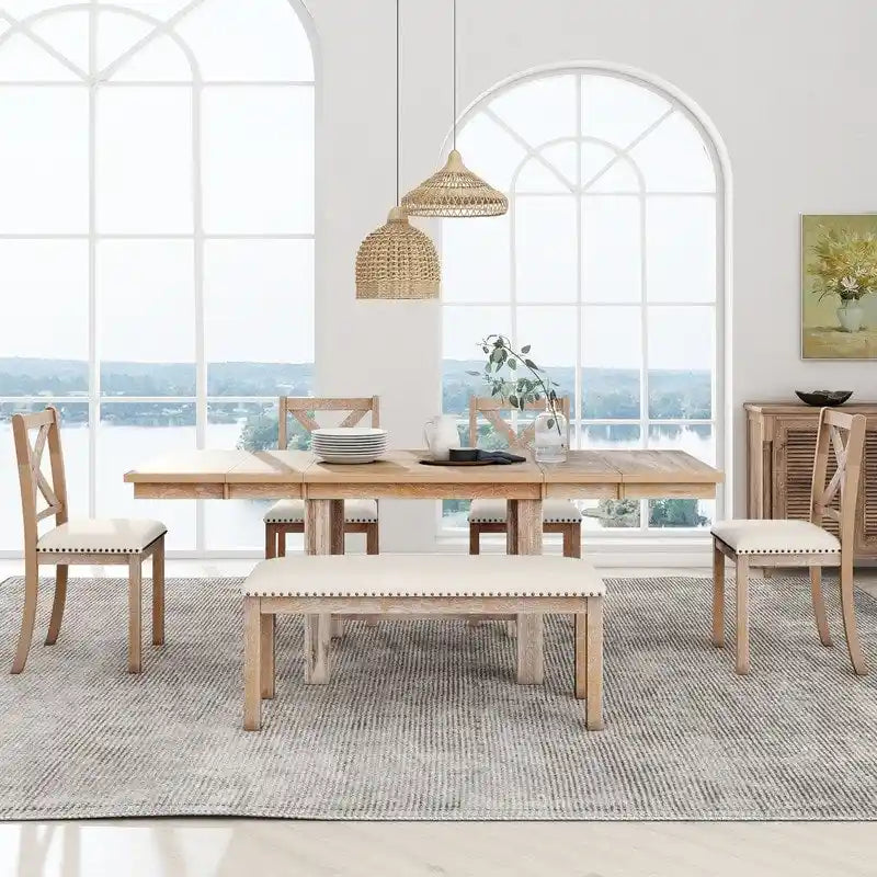 6-Piece Dining Kitchen Table Set, Extendable Wood Dining Table, 4 Upholstered Dining Chairs and Bench, Two 11 Removable Leaf