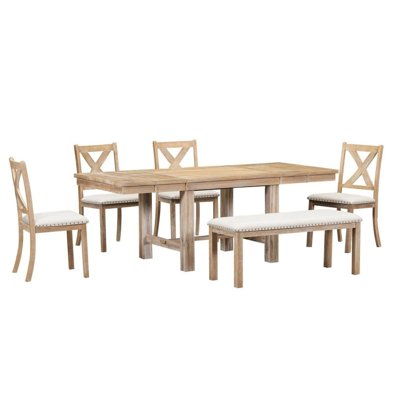 6-Piece Dining Kitchen Table Set, Extendable Wood Dining Table, 4 Upholstered Dining Chairs and Bench, Two 11 Removable Leaf
