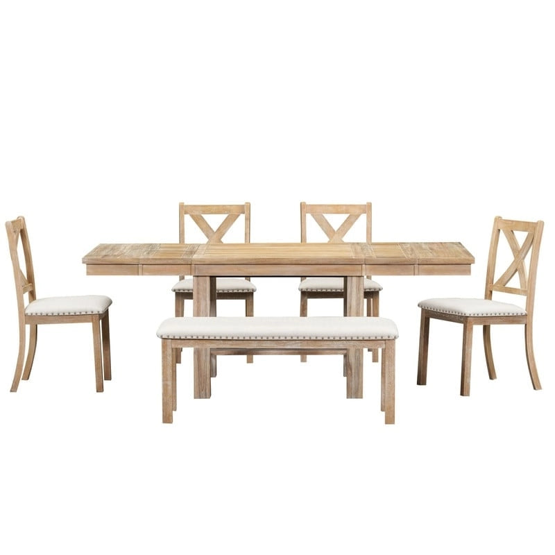 6-Piece Dining Kitchen Table Set, Extendable Wood Dining Table, 4 Upholstered Dining Chairs and Bench, Two 11 Removable Leaf