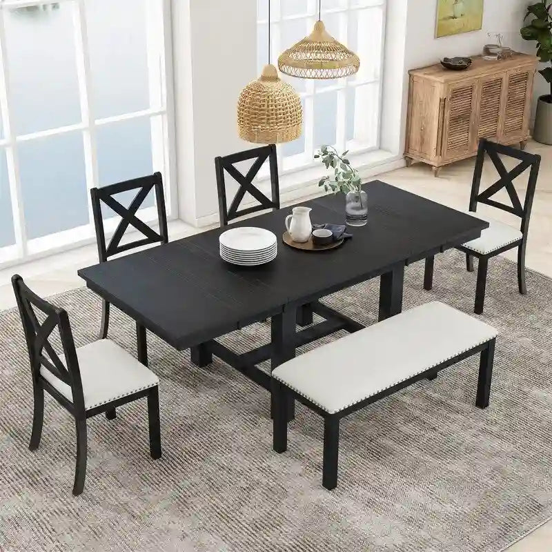 6-Piece Dining Kitchen Table Set, Extendable Wood Dining Table, 4 Upholstered Dining Chairs and Bench, Two 11 Removable Leaf