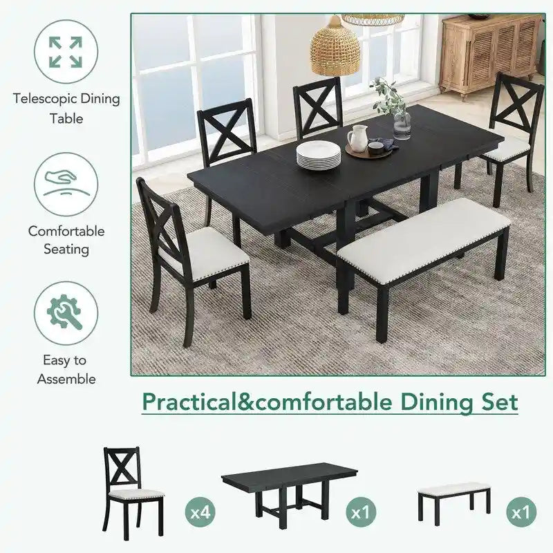6-Piece Dining Kitchen Table Set, Extendable Wood Dining Table, 4 Upholstered Dining Chairs and Bench, Two 11 Removable Leaf