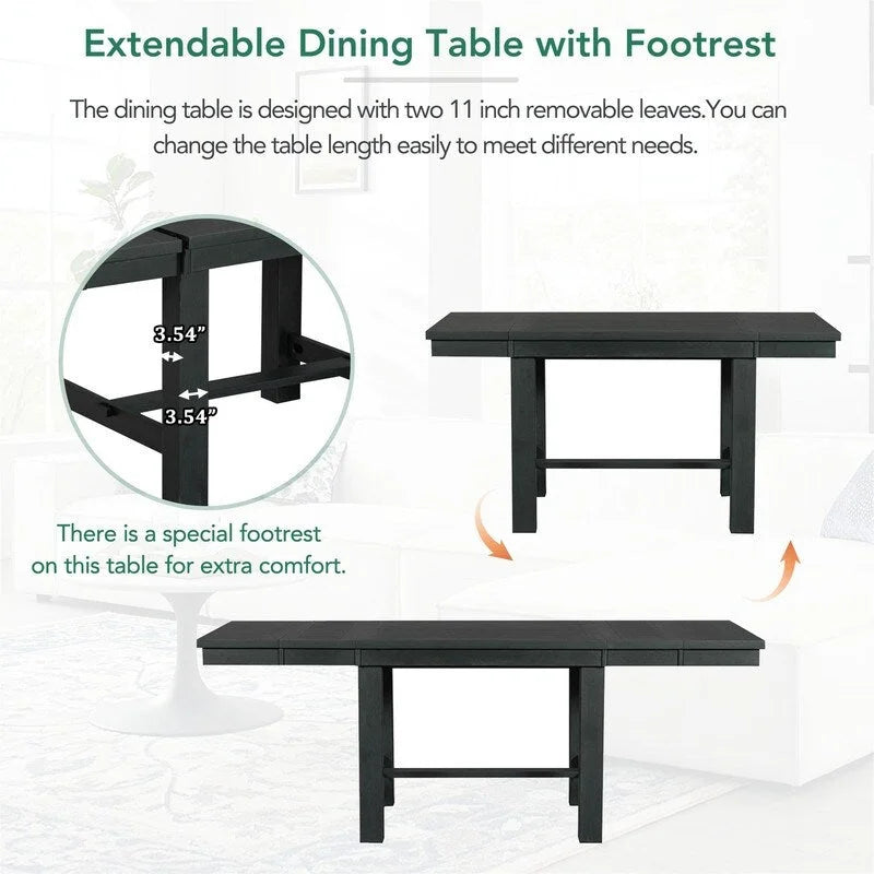 6-Piece Dining Kitchen Table Set, Extendable Wood Dining Table, 4 Upholstered Dining Chairs and Bench, Two 11 Removable Leaf