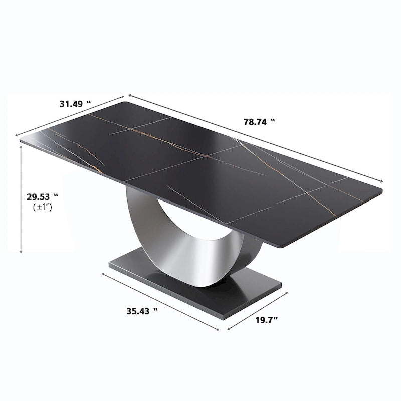 79 Marble Dining Table for 10, Modern Rectangle Kitchen Table with U Shape Pedestal Base