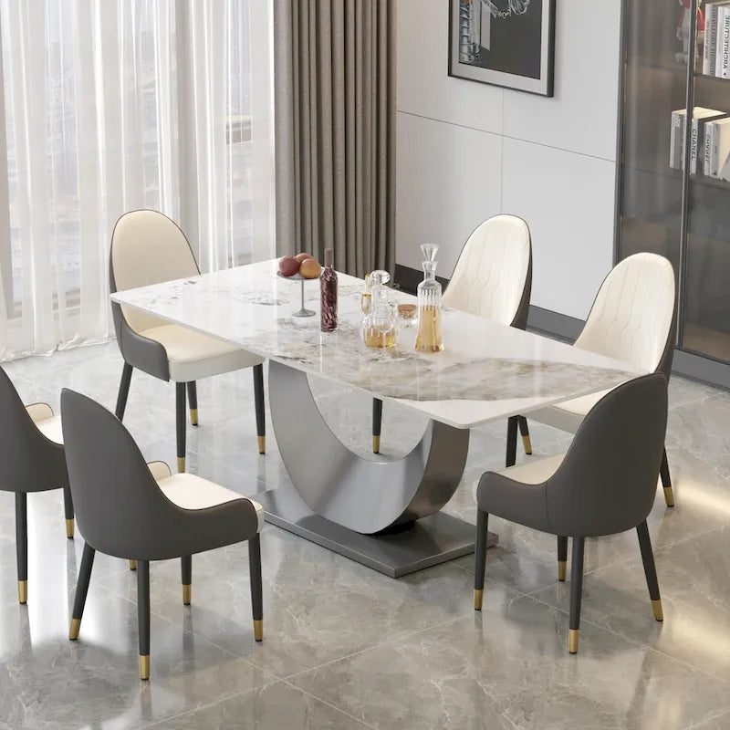 79 Marble Dining Table for 10, Modern Rectangle Kitchen Table with U Shape Pedestal Base