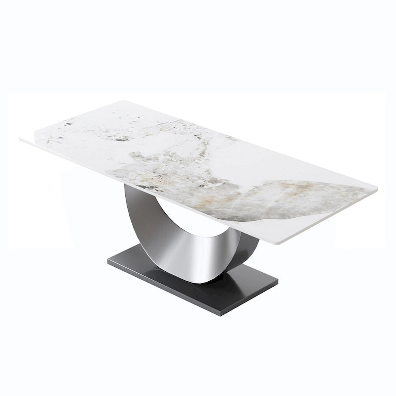 79 Marble Dining Table for 10, Modern Rectangle Kitchen Table with U Shape Pedestal Base