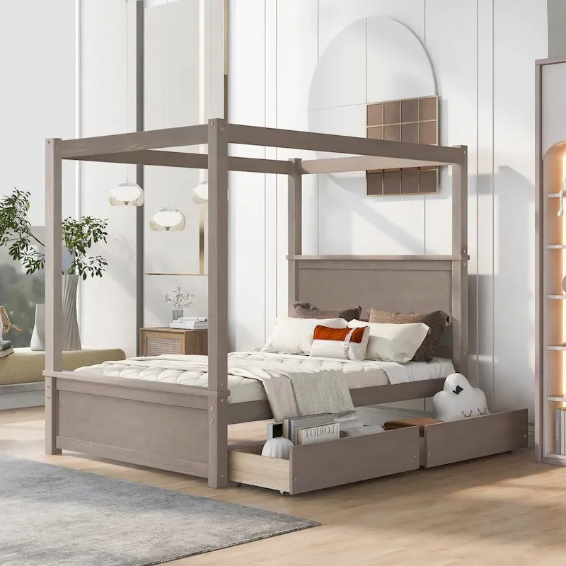 Full Size Wood Canopy Bed with two Drawers