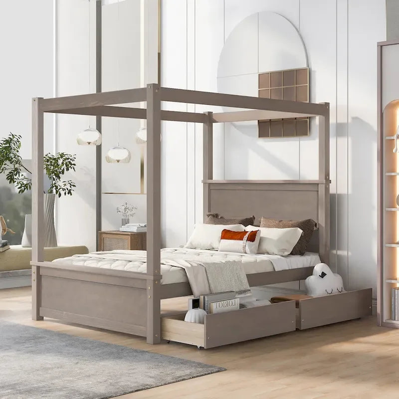 Full Size Wood Canopy Bed with two Drawers