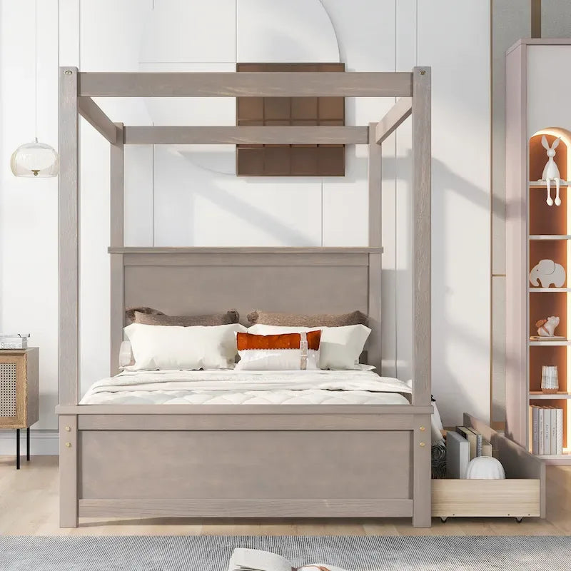 Full Size Wood Canopy Bed with two Drawers