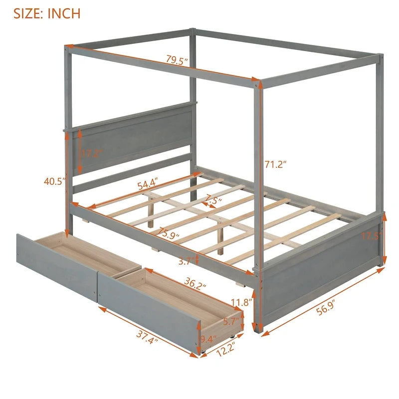 Full Size Wood Canopy Bed with two Drawers