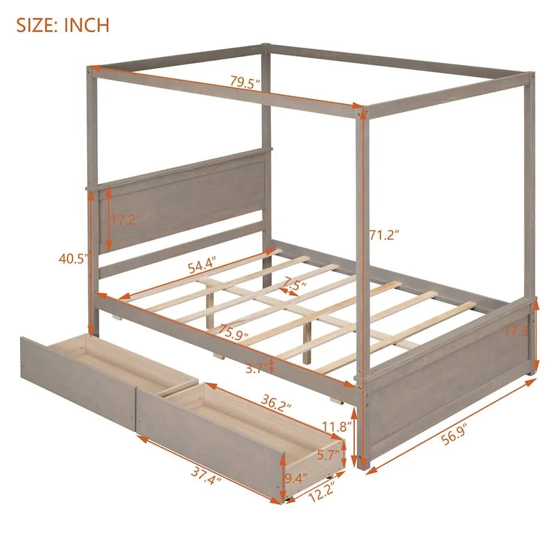 Full Size Wood Canopy Bed with two Drawers