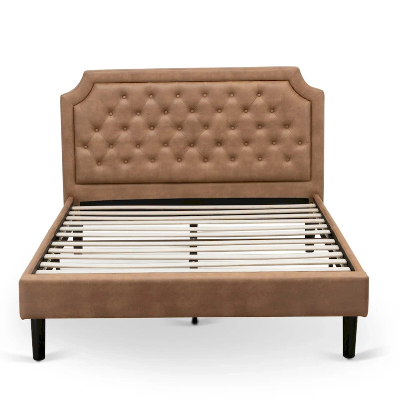 Bed Contains Brown Textured Upholstered Headboard, Footboard and Wood Rails, Slats - Wooden 9 Legs - Black Finish(Size Options)