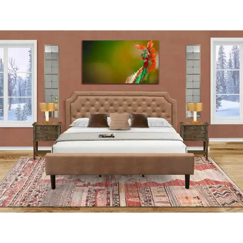 Bed Contains Brown Textured Upholstered Headboard, Footboard and Wood Rails, Slats - Wooden 9 Legs - Black Finish(Size Options)