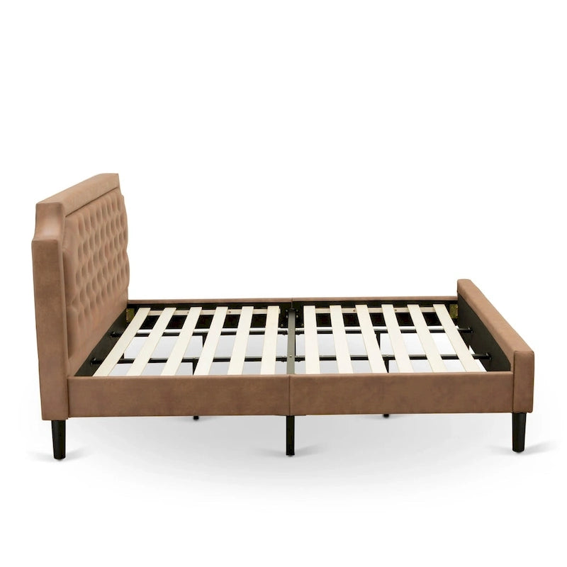 Bed Contains Brown Textured Upholstered Headboard, Footboard and Wood Rails, Slats - Wooden 9 Legs - Black Finish(Size Options)