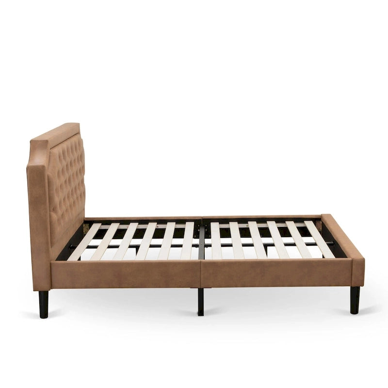 Bed Contains Brown Textured Upholstered Headboard, Footboard and Wood Rails, Slats - Wooden 9 Legs - Black Finish(Size Options)
