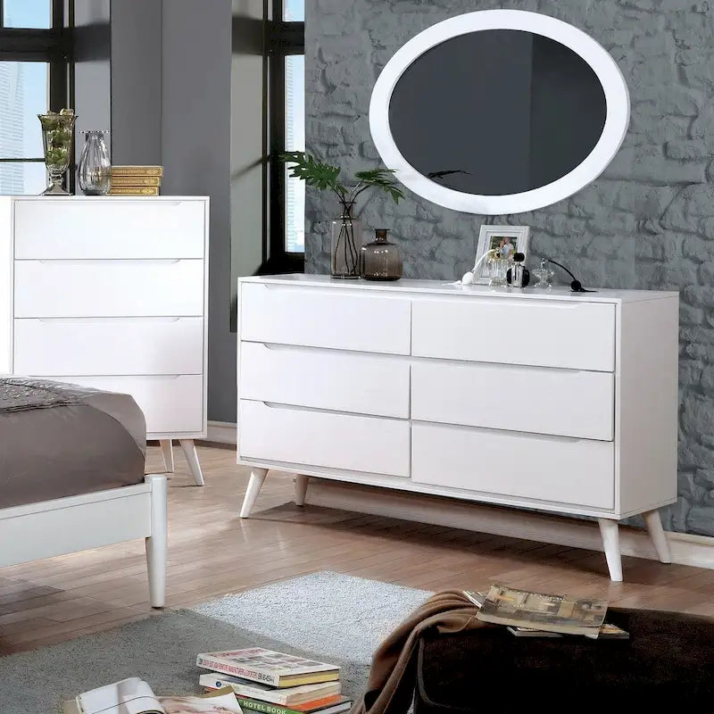 Fopp Mid-Century Modern Solid Wood 6-Drawer 2-Piece Dresser and Oval Mirror Set by Furniture of America