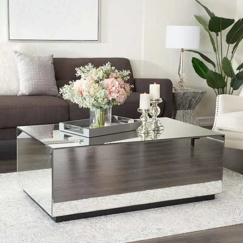 Glass Mirrored Rectangle Coffee Table with Elevated Base - Silver - Roche River Decor - 28Wx47Lx18H
