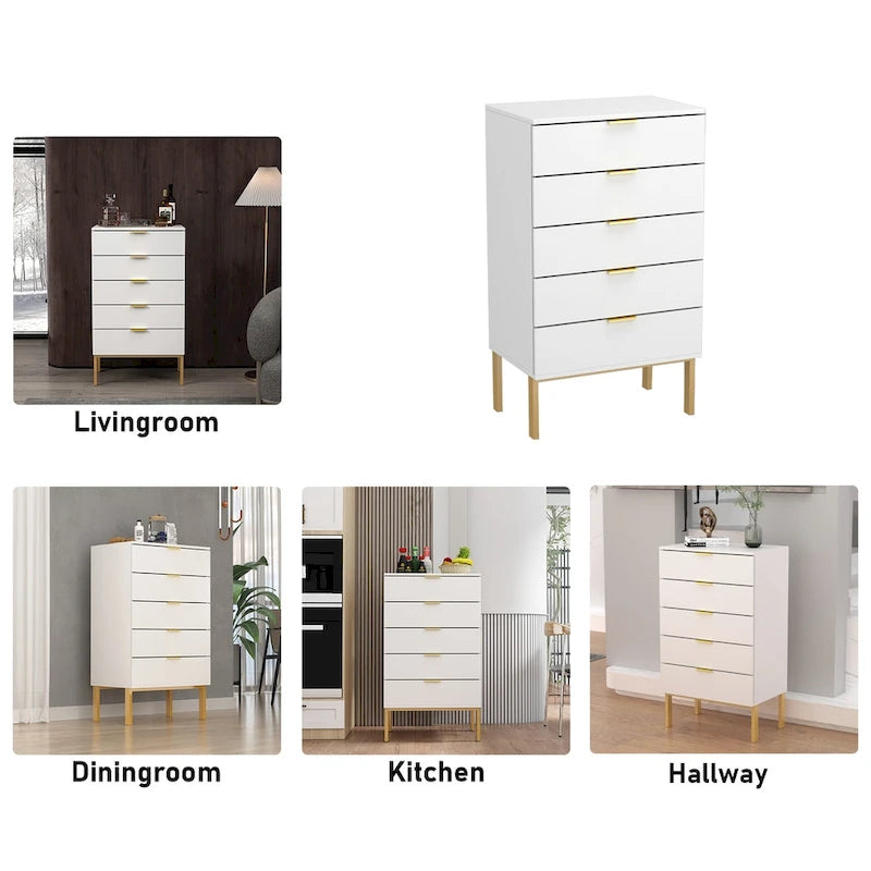 5 Drawer Dresser Chest End Table Storage Cabinet 23.6 W White/Back