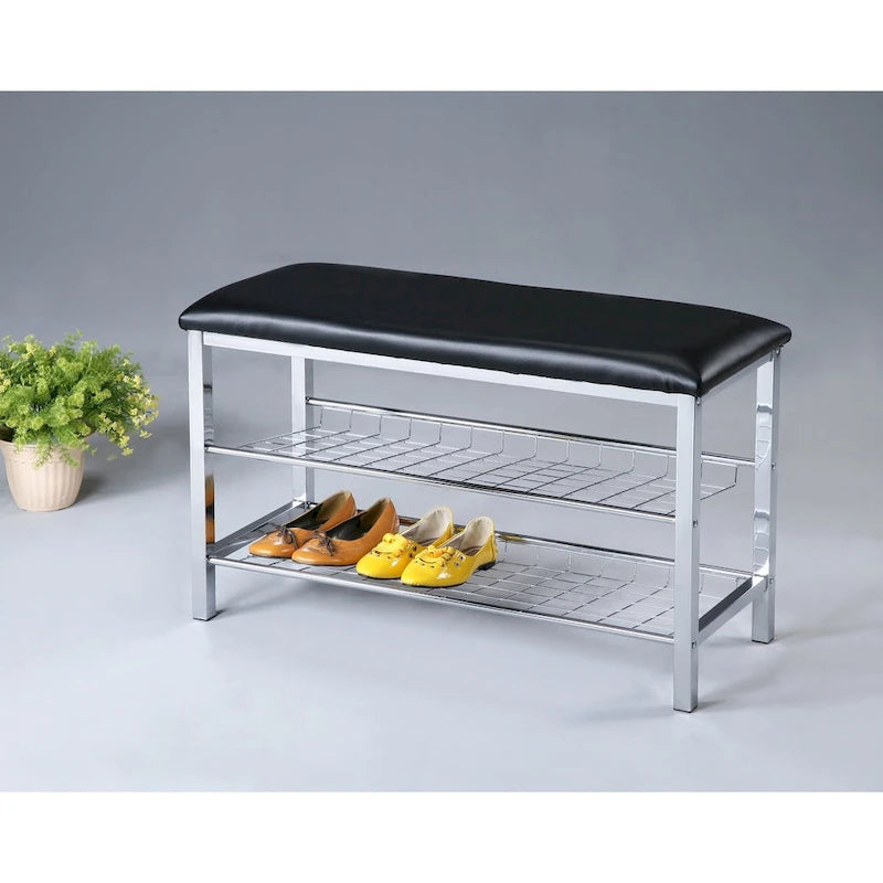 Roundhill Furniture Metal Shoe Bench with Faux Leather Seat, Chrome and Black