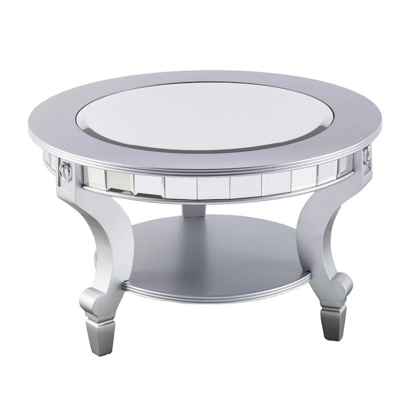 SEI Furniture Olivia Contemporary Mirrored Round Coffee Table in Matte Silver Details and Shelf