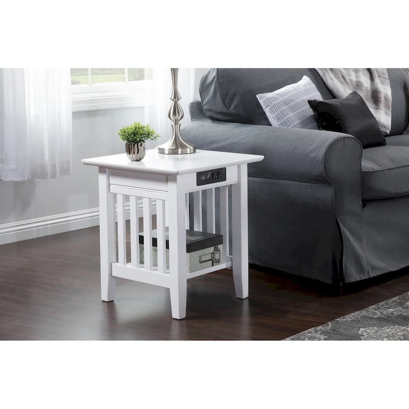 Mission End Table with Charging Station in White