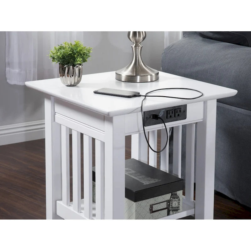 Mission End Table with Charging Station in White