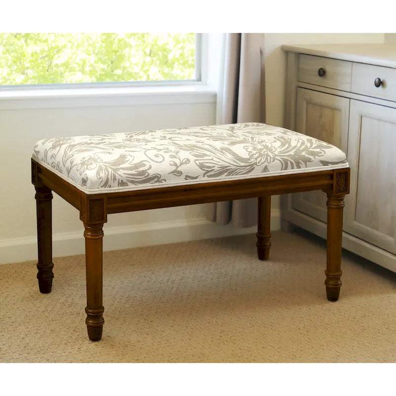 Taupe Tuscan Floral Bench with Wood Stain Finish