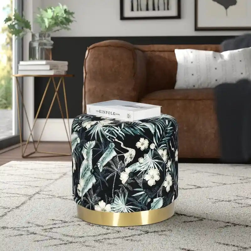 Adeco Round Flower Velvet Ottoman Foot Stool with Gold Trim Foot Rest